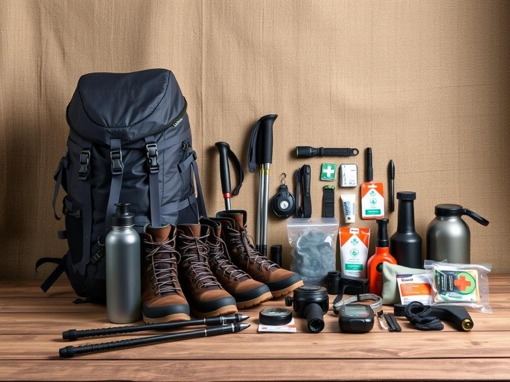 A neatly organized display of essential hiking gear for the GR20 trail on Corsica. In the foreground, a sturdy backpack, hiking boots, trekking poles, and a water bottle stand out against a rustic wooden surface. In the middle ground, a headlamp, compass, first-aid kit, and other practical accessories are carefully arranged. The background features a textured canvas backdrop, suggesting the rugged outdoor setting of the GR20. Soft, directional lighting illuminates the scene, creating depth and emphasizing the high-quality, purpose-built nature of the gear. The overall composition conveys a sense of preparedness and adventure, befitting the challenges of Europe's toughest long-distance hiking trail. A neatly organized display of essential hiking gear for the GR20 trail on Corsica. In the foreground, a sturdy backpack, hiking boots, trekking poles, and a water bottle stand out against a rustic wooden surface. In the middle ground, a headlamp, compass, first-aid kit, and other practical accessories are carefully arranged. The background features a textured canvas backdrop, suggesting the rugged outdoor setting of the GR20. Soft, directional lighting illuminates the scene, creating depth and emphasizing the high-quality, purpose-built nature of the gear. The overall composition conveys a sense of preparedness and adventure, befitting the challenges of Europe's toughest long-distance hiking trail.