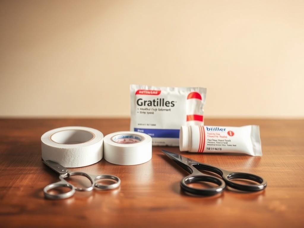 A neatly organized, well-lit close-up shot of a wooden table displaying the essential items for a blister first aid kit. In the foreground, a roll of medical tape, a pair of scissors, and a tube of antibiotic ointment are arranged with precision. In the middle ground, a package of sterile gauze pads and a small container of blister-specific bandages take center stage. The background features a soft, neutral-toned backdrop, allowing the medical supplies to be the focal point. The lighting is warm and natural, creating a soothing, professional atmosphere suitable for illustrating the "Must-Have Items for Your Blister First Aid Kit" section. A neatly organized, well-lit close-up shot of a wooden table displaying the essential items for a blister first aid kit. In the foreground, a roll of medical tape, a pair of scissors, and a tube of antibiotic ointment are arranged with precision. In the middle ground, a package of sterile gauze pads and a small container of blister-specific bandages take center stage. The background features a soft, neutral-toned backdrop, allowing the medical supplies to be the focal point. The lighting is warm and natural, creating a soothing, professional atmosphere suitable for illustrating the "Must-Have Items for Your Blister First Aid Kit" section.