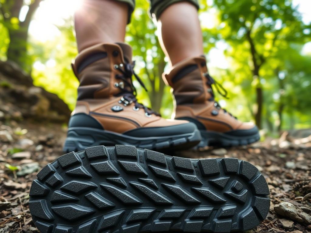 A pair of sturdy hiking boots stands firmly on a rugged mountain trail, ready to tackle the terrain. The boots' thick soles and cushioned ankle support convey a sense of protection and stability, warding off the risk of blisters. Sunlight filters through the canopy of lush green foliage, casting a warm glow on the scene. In the foreground, a close-up view highlights the intricate tread pattern, designed to provide grip and traction on uneven surfaces. The overall composition evokes a feeling of preparedness and confidence, inspiring the hiker to venture forth on their journey without the worry of painful blisters. A pair of sturdy hiking boots stands firmly on a rugged mountain trail, ready to tackle the terrain. The boots' thick soles and cushioned ankle support convey a sense of protection and stability, warding off the risk of blisters. Sunlight filters through the canopy of lush green foliage, casting a warm glow on the scene. In the foreground, a close-up view highlights the intricate tread pattern, designed to provide grip and traction on uneven surfaces. The overall composition evokes a feeling of preparedness and confidence, inspiring the hiker to venture forth on their journey without the worry of painful blisters.