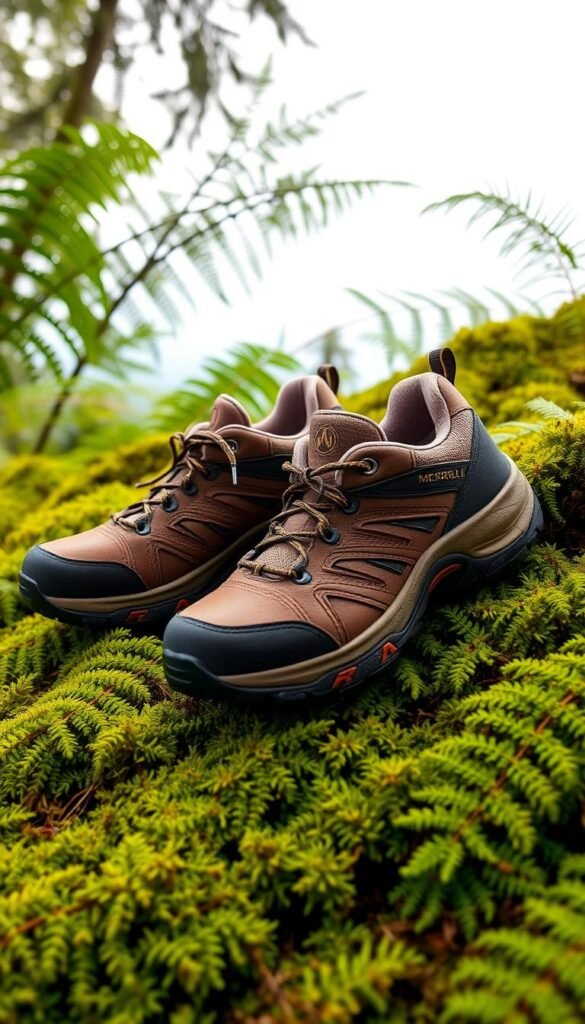 A pair of well-worn yet meticulously crafted women's hiking shoes, the Merrell Moab 3, resting on a bed of lush moss and fern fronds. Soft, supple leather upper with reinforced toe and heel caps cradling the feet in comfortable support. Rugged Vibram soles grip the terrain with reliable traction, ready to tackle any trail. Warm, diffused lighting from an overcast sky filters through the verdant foliage, casting a serene, natural ambiance. The shoes exude a sense of adventure and dependability, perfectly suited for the "Comfort and Fit Features" section of the article. A pair of well-worn yet meticulously crafted women's hiking shoes, the Merrell Moab 3, resting on a bed of lush moss and fern fronds. Soft, supple leather upper with reinforced toe and heel caps cradling the feet in comfortable support. Rugged Vibram soles grip the terrain with reliable traction, ready to tackle any trail. Warm, diffused lighting from an overcast sky filters through the verdant foliage, casting a serene, natural ambiance. The shoes exude a sense of adventure and dependability, perfectly suited for the "Comfort and Fit Features" section of the article.