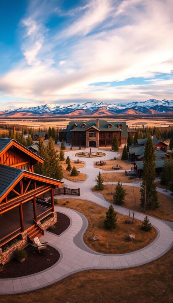 A panoramic view of Yellowstone National Park's iconic facilities, captured under a warm, golden-hour glow. In the foreground, a rustic log cabin with a large porch and rocking chairs beckons visitors to rest and take in the stunning landscape. Meandering paths lead towards a central plaza, where a majestic stone lodge stands tall, its grand entrance flanked by towering pines. In the middle ground, a series of cabins and lodges dot the rolling hills, their rooftops blending seamlessly with the surrounding forest. In the distance, snow-capped peaks rise majestically against a vibrant, azure sky, creating a breathtaking backdrop for this quintessential Yellowstone scene. A panoramic view of Yellowstone National Park's iconic facilities, captured under a warm, golden-hour glow. In the foreground, a rustic log cabin with a large porch and rocking chairs beckons visitors to rest and take in the stunning landscape. Meandering paths lead towards a central plaza, where a majestic stone lodge stands tall, its grand entrance flanked by towering pines. In the middle ground, a series of cabins and lodges dot the rolling hills, their rooftops blending seamlessly with the surrounding forest. In the distance, snow-capped peaks rise majestically against a vibrant, azure sky, creating a breathtaking backdrop for this quintessential Yellowstone scene.