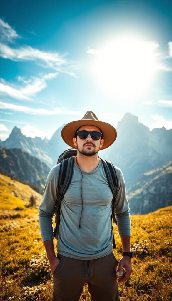 A panoramic view of a rugged mountain landscape, with towering peaks piercing the azure sky. In the foreground, a hiker stands equipped for outdoor adventure, wearing a wide-brimmed hat, sunglasses, and a lightweight, breathable long-sleeved shirt that shields their skin from the intense solar rays. Backpack straps crisscross their torso, and they hold a high-SPF sunscreen bottle in their hand, ready to apply a protective layer. The middle ground features a lush, verdant meadow dotted with wildflowers, while the background showcases a dramatic mountain range, its jagged silhouette casting dramatic shadows across the scene. The lighting is natural, with the sun's rays filtering through wispy clouds, creating a warm, golden glow that bathes the entire composition. A panoramic view of a rugged mountain landscape, with towering peaks piercing the azure sky. In the foreground, a hiker stands equipped for outdoor adventure, wearing a wide-brimmed hat, sunglasses, and a lightweight, breathable long-sleeved shirt that shields their skin from the intense solar rays. Backpack straps crisscross their torso, and they hold a high-SPF sunscreen bottle in their hand, ready to apply a protective layer. The middle ground features a lush, verdant meadow dotted with wildflowers, while the background showcases a dramatic mountain range, its jagged silhouette casting dramatic shadows across the scene. The lighting is natural, with the sun's rays filtering through wispy clouds, creating a warm, golden glow that bathes the entire composition.
