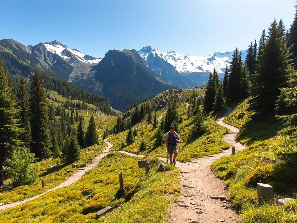 A picturesque mountain landscape with a network of well-maintained hiking trails winding through lush, verdant forests and alpine meadows. In the foreground, a wide, easy-to-navigate trail leads hikers of all skill levels through a sun-dappled, mossy glen. The middle ground features more challenging, rocky paths that ascend gradually towards the snowcapped peaks in the distance, surrounded by dramatic, rugged cliffs. Soft, warm lighting filters through the canopy of towering evergreens, casting a peaceful, welcoming atmosphere over the scene. The trails are clearly marked and free of obstacles, inviting both casual strollers and experienced trekkers to explore the natural splendor of the region.