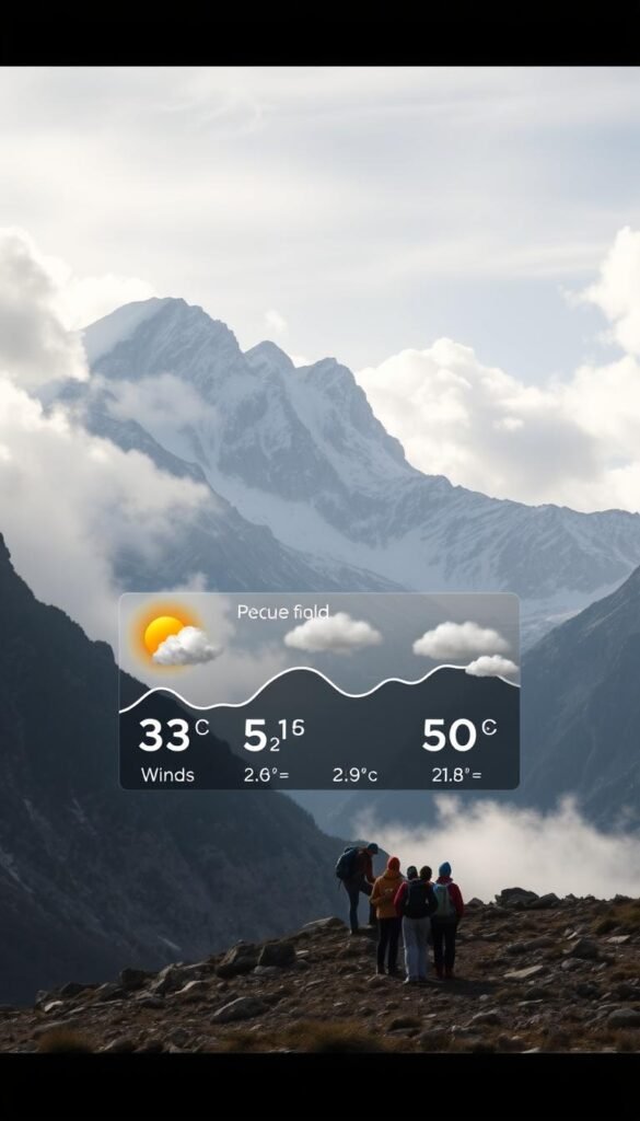 A picturesque mountain landscape, with rugged peaks piercing the clouds. In the foreground, a detailed weather forecast display showcases the changing atmospheric conditions - wind speeds, precipitation levels, and temperature fluctuations. The middle ground features a group of hikers, studying the forecast and planning their route accordingly. The background is bathed in soft, diffused lighting, conveying a sense of tranquility and natural wonder. The image evokes the importance of staying informed about mountain weather, empowering adventurers to make informed decisions and enjoy their outdoor experiences safely. A picturesque mountain landscape, with rugged peaks piercing the clouds. In the foreground, a detailed weather forecast display showcases the changing atmospheric conditions - wind speeds, precipitation levels, and temperature fluctuations. The middle ground features a group of hikers, studying the forecast and planning their route accordingly. The background is bathed in soft, diffused lighting, conveying a sense of tranquility and natural wonder. The image evokes the importance of staying informed about mountain weather, empowering adventurers to make informed decisions and enjoy their outdoor experiences safely.