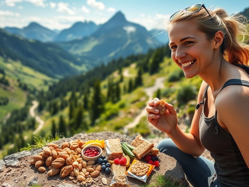 A picturesque mountain trail winds through a lush, verdant landscape, with towering peaks in the distance. In the foreground, a hiker pauses to enjoy a healthy snack, the sunlight casting a warm glow on their face. On the ground, an assortment of energy-rich natural foods, such as nuts, berries, and granola bars, are arranged neatly, symbolizing the importance of proper nutrition for sustained hiking performance. The scene conveys a sense of balance and rejuvenation, with the hiker's energized expression and the vibrant, revitalizing surroundings. A picturesque mountain trail winds through a lush, verdant landscape, with towering peaks in the distance. In the foreground, a hiker pauses to enjoy a healthy snack, the sunlight casting a warm glow on their face. On the ground, an assortment of energy-rich natural foods, such as nuts, berries, and granola bars, are arranged neatly, symbolizing the importance of proper nutrition for sustained hiking performance. The scene conveys a sense of balance and rejuvenation, with the hiker's energized expression and the vibrant, revitalizing surroundings.