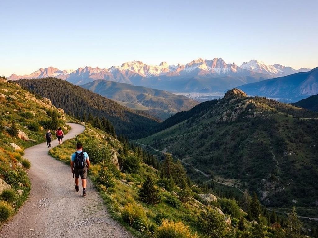 A picturesque urban hiking trail winds through the stunning Salt Lake Valley, surrounded by towering peaks and lush greenery. In the foreground, hikers traverse a well-maintained path, their steps captured in a soft, natural light. The middle ground showcases the rugged terrain, with rocky outcroppings and winding switchbacks leading the eye towards the distant mountains. The background is dominated by the majestic Wasatch Range, their snow-capped summits reflecting the golden hues of the setting sun. An atmosphere of tranquility and adventure permeates the scene, inviting the viewer to explore the hidden gems of this urban oasis.