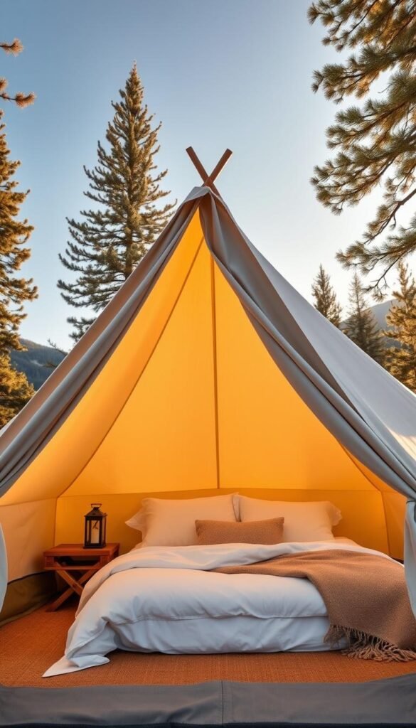 A plush, inviting glamping tent nestled in a serene alpine landscape, basking in warm, golden sunlight. The premium bedding features crisp white linens, soft throws, and fluffy pillows, inviting guests to sink into ultimate comfort. Tall, swaying pines frame the scene, creating a cozy, private oasis. Elegant touches like a wooden side table and lantern add to the luxurious ambiance. The tent's exterior is made of high-quality canvas in a neutral tone, blending seamlessly with the natural surroundings. This picturesque setting captures the essence of elevated outdoor living at its finest. A plush, inviting glamping tent nestled in a serene alpine landscape, basking in warm, golden sunlight. The premium bedding features crisp white linens, soft throws, and fluffy pillows, inviting guests to sink into ultimate comfort. Tall, swaying pines frame the scene, creating a cozy, private oasis. Elegant touches like a wooden side table and lantern add to the luxurious ambiance. The tent's exterior is made of high-quality canvas in a neutral tone, blending seamlessly with the natural surroundings. This picturesque setting captures the essence of elevated outdoor living at its finest.