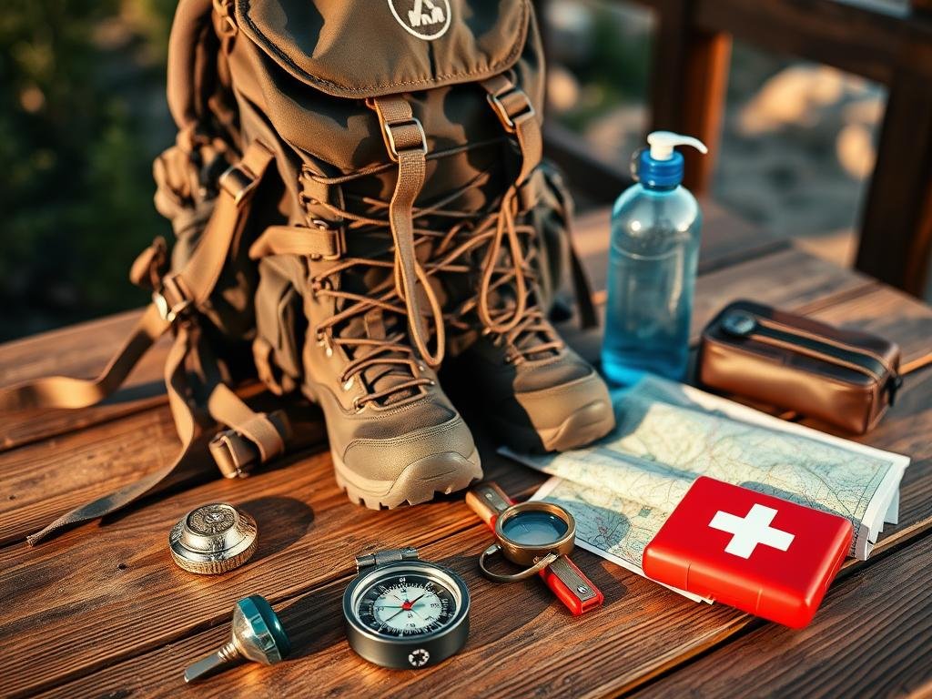 A rugged backpack, hiking boots, and a water bottle sit on a wooden table, surrounded by a compass, a map, and a first-aid kit. The scene is bathed in warm, natural lighting, captured with a wide-angle lens to create a sense of depth and perspective. The overall mood is one of adventure and preparation, reflecting the essential items needed for a successful hike near the majestic peaks and scenic vistas of Salt Lake City.