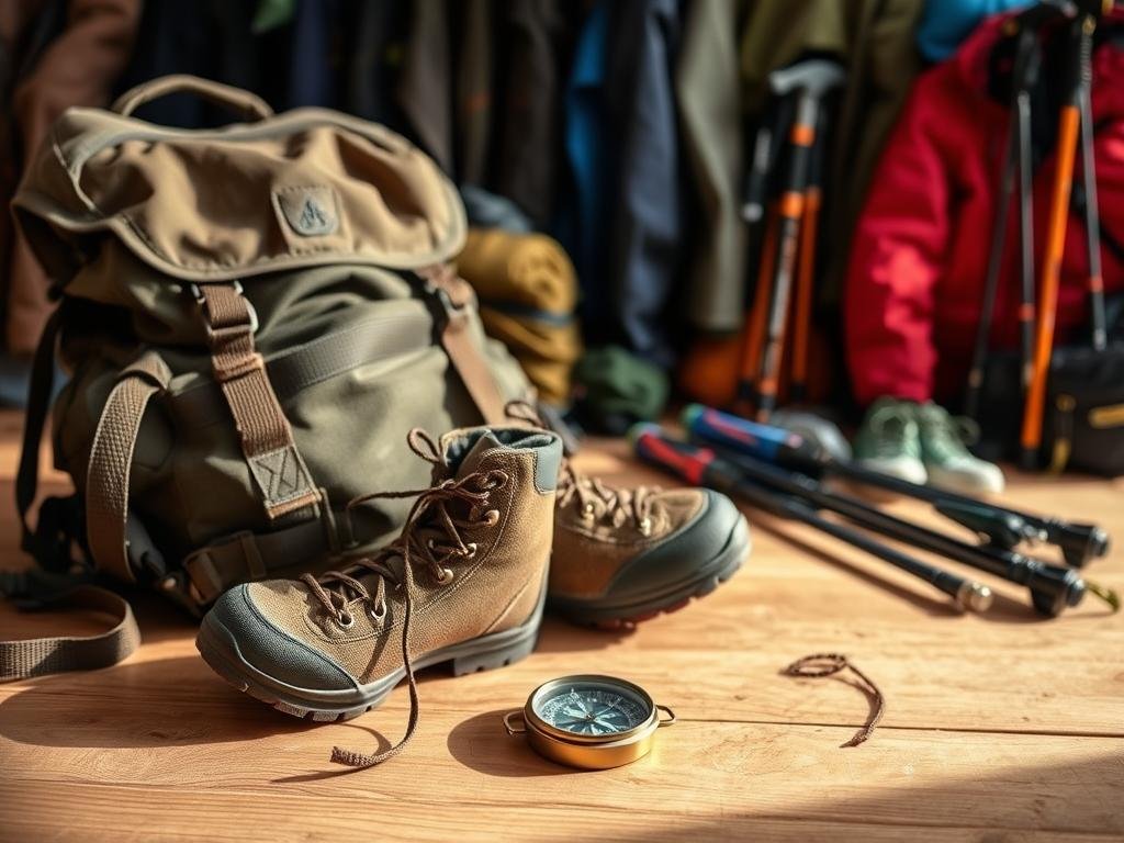 A rugged backpack, hiking boots, and a weathered compass lie on a wooden surface, illuminated by soft, natural lighting. In the background, an array of hiking gear - from rain jackets to trekking poles - are neatly arranged, creating a sense of preparation and adventure. The scene evokes the spirit of the Dingle Way, a picturesque coastal hike in Ireland, where the elements and the landscape demand careful planning and the right equipment. The overall mood is one of anticipation and exploration, hinting at the breathtaking vistas and challenging terrain that await the adventurous hiker. A rugged backpack, hiking boots, and a weathered compass lie on a wooden surface, illuminated by soft, natural lighting. In the background, an array of hiking gear - from rain jackets to trekking poles - are neatly arranged, creating a sense of preparation and adventure. The scene evokes the spirit of the Dingle Way, a picturesque coastal hike in Ireland, where the elements and the landscape demand careful planning and the right equipment. The overall mood is one of anticipation and exploration, hinting at the breathtaking vistas and challenging terrain that await the adventurous hiker.