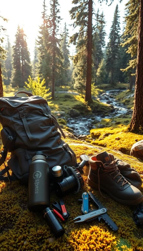 A rugged backpack rests on a mossy, forest-floor, surrounded by essential hiking gear: a sturdy pair of hiking boots, a collapsible water bottle, a multi-tool, and a weatherproof jacket. Sunlight filters through the canopy, casting a warm, golden glow, while the distant sound of a babbling brook adds to the serene, wilderness atmosphere. In the background, towering evergreen trees and a winding trail suggest the hike to come, inviting the viewer to embark on an adventure through the scenic hot springs landscape.