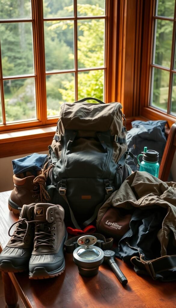 A rugged backpack sits amidst a pile of hiking gear - sturdy boots, a durable rain jacket, a compass, a headlamp, and a water bottle. The items are arranged neatly on a wooden table, bathed in warm, natural lighting that filters through a nearby window. In the background, lush, verdant Vermont wilderness is visible through the window, hinting at the adventures that await the hiker. The overall atmosphere evokes a sense of preparedness, excitement, and a connection to the great outdoors. A rugged backpack sits amidst a pile of hiking gear - sturdy boots, a durable rain jacket, a compass, a headlamp, and a water bottle. The items are arranged neatly on a wooden table, bathed in warm, natural lighting that filters through a nearby window. In the background, lush, verdant Vermont wilderness is visible through the window, hinting at the adventures that await the hiker. The overall atmosphere evokes a sense of preparedness, excitement, and a connection to the great outdoors.