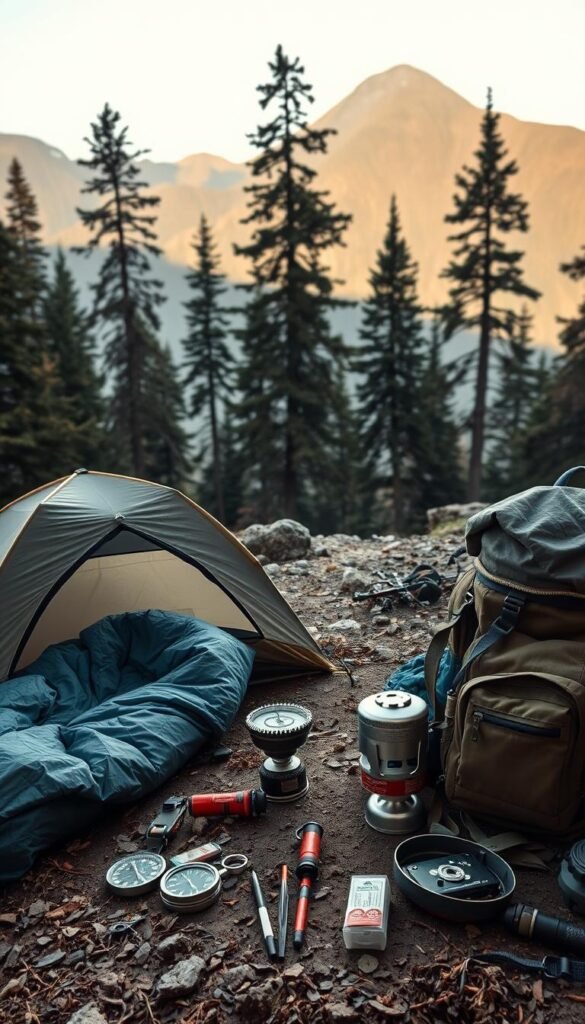 A rugged campsite nestled in a serene mountain landscape, illuminated by soft, diffused natural lighting. In the foreground, an array of essential camping gear - a sturdy two-person tent, a high-quality sleeping bag, a compact stove, and a durable backpack. The middle ground features a well-worn compass, a flashlight, and a first-aid kit, conveying a sense of preparedness. In the background, towering pines and a distant peak evoke the tranquil, wilderness setting. The overall composition exudes a mood of adventurous exploration and responsible outdoor adventure. A rugged campsite nestled in a serene mountain landscape, illuminated by soft, diffused natural lighting. In the foreground, an array of essential camping gear - a sturdy two-person tent, a high-quality sleeping bag, a compact stove, and a durable backpack. The middle ground features a well-worn compass, a flashlight, and a first-aid kit, conveying a sense of preparedness. In the background, towering pines and a distant peak evoke the tranquil, wilderness setting. The overall composition exudes a mood of adventurous exploration and responsible outdoor adventure.