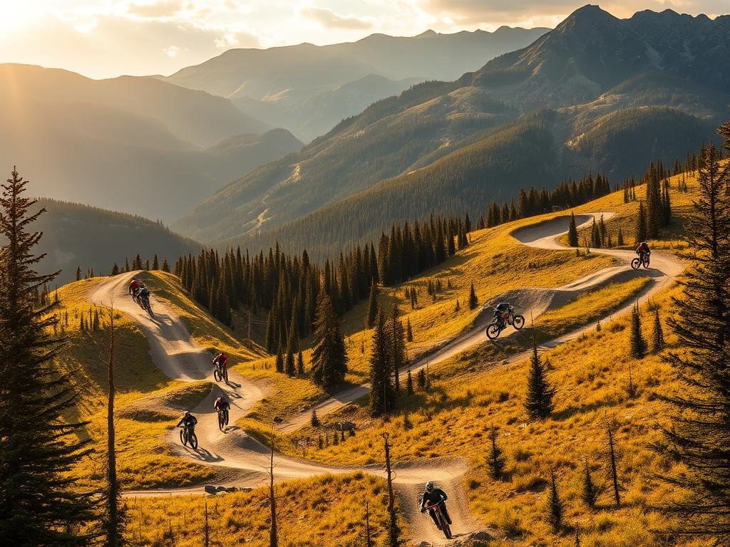 A rugged mountain landscape with towering peaks and lush forests in the background. In the foreground, a lift-served bike park with various challenging downhill trails winding through the terrain. Riders on state-of-the-art mountain bikes descend the trails, banking turns and catching air over jumps and berms. The scene is bathed in warm, golden sunlight, casting dramatic shadows and highlighting the vibrant colors of the vegetation. The overall atmosphere conveys the thrill and adrenaline of advanced-level mountain biking at a premier lift-served destination. A rugged mountain landscape with towering peaks and lush forests in the background. In the foreground, a lift-served bike park with various challenging downhill trails winding through the terrain. Riders on state-of-the-art mountain bikes descend the trails, banking turns and catching air over jumps and berms. The scene is bathed in warm, golden sunlight, casting dramatic shadows and highlighting the vibrant colors of the vegetation. The overall atmosphere conveys the thrill and adrenaline of advanced-level mountain biking at a premier lift-served destination.