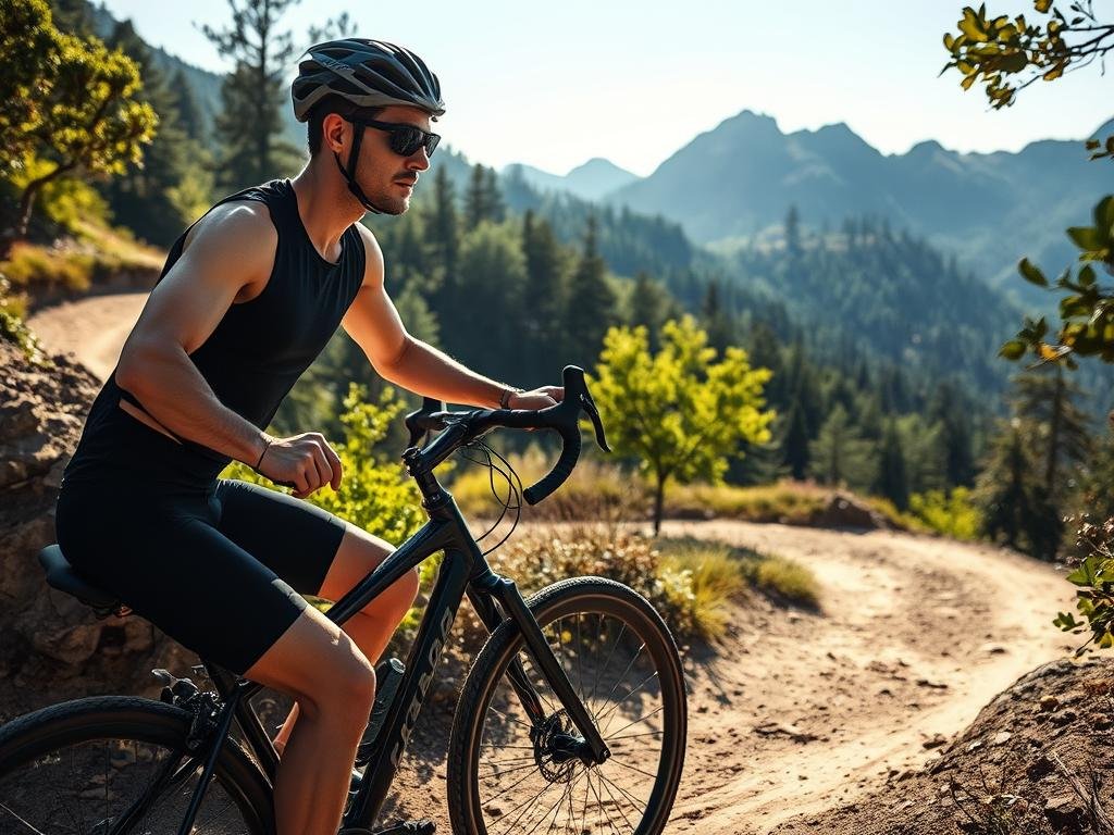 A rugged, mountainous landscape with a winding dirt trail in the foreground. In the middle ground, a cyclist intensely pedaling an exercise bike, their face determined as they push through an interval training session. Crisp sunlight filtering through the trees casts dynamic shadows, illuminating the cyclist's muscular movements. The background features lush, verdant foliage and towering peaks, suggesting a challenging, high-altitude environment. The overall scene conveys the power, endurance, and focus required for interval training to boost mountain biking stamina. A rugged, mountainous landscape with a winding dirt trail in the foreground. In the middle ground, a cyclist intensely pedaling an exercise bike, their face determined as they push through an interval training session. Crisp sunlight filtering through the trees casts dynamic shadows, illuminating the cyclist's muscular movements. The background features lush, verdant foliage and towering peaks, suggesting a challenging, high-altitude environment. The overall scene conveys the power, endurance, and focus required for interval training to boost mountain biking stamina.