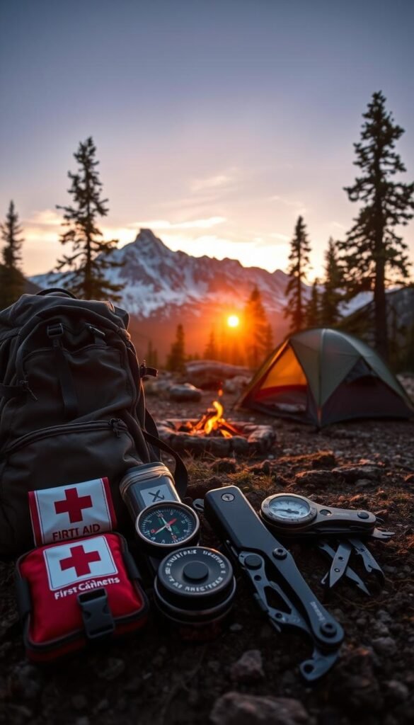 A rugged outdoor scene, backlit by a warm sunset glow. In the foreground, a neatly arranged collection of essential mountain camping gear - a sturdy hiking backpack, a compact first-aid kit, a reliable compass, a weatherproof matches container, and a durable multi-tool. The middle ground features a cozy campsite, with a roaring fire pit and a sturdy tent pitched amidst towering pines. In the background, majestic snow-capped peaks rise into a vibrant, cloudless sky. The overall mood is one of preparedness, adventure, and the tranquility of the wilderness. A rugged outdoor scene, backlit by a warm sunset glow. In the foreground, a neatly arranged collection of essential mountain camping gear - a sturdy hiking backpack, a compact first-aid kit, a reliable compass, a weatherproof matches container, and a durable multi-tool. The middle ground features a cozy campsite, with a roaring fire pit and a sturdy tent pitched amidst towering pines. In the background, majestic snow-capped peaks rise into a vibrant, cloudless sky. The overall mood is one of preparedness, adventure, and the tranquility of the wilderness.