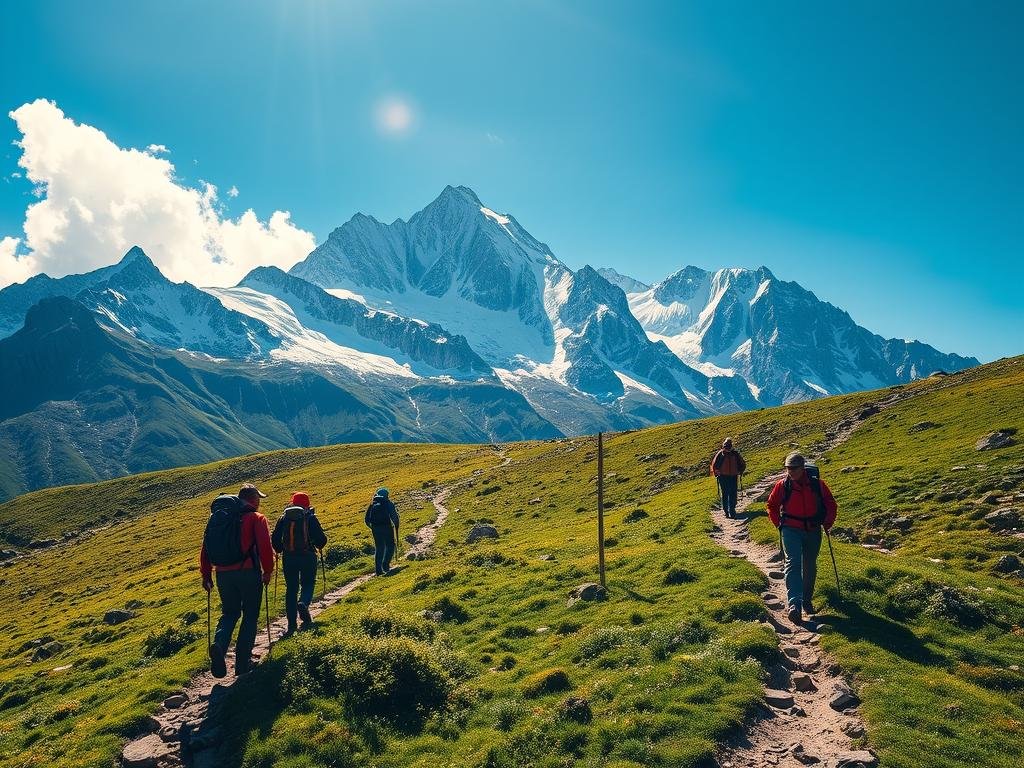 A rugged, snow-capped mountain range rises majestically against a brilliant azure sky, its jagged peaks piercing the clouds. In the foreground, a winding trail snakes through a lush, verdant landscape, dotted with wildflowers and alpine meadows. Hikers, clad in weathered gear, ascend the path, their faces alight with the thrill of conquering the high-altitude terrain. Crisp, cool air fills the scene, the sun's rays casting a warm, golden glow over the entire vista. A wide-angle lens captures the grandeur and scale of this awe-inspiring natural wonder, inviting the viewer to join the intrepid adventurers on their journey to the summit. A rugged, snow-capped mountain range rises majestically against a brilliant azure sky, its jagged peaks piercing the clouds. In the foreground, a winding trail snakes through a lush, verdant landscape, dotted with wildflowers and alpine meadows. Hikers, clad in weathered gear, ascend the path, their faces alight with the thrill of conquering the high-altitude terrain. Crisp, cool air fills the scene, the sun's rays casting a warm, golden glow over the entire vista. A wide-angle lens captures the grandeur and scale of this awe-inspiring natural wonder, inviting the viewer to join the intrepid adventurers on their journey to the summit.
