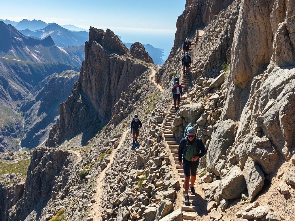 A rugged, steep mountain trail snakes through the dramatic, rocky landscape of the GR20 in Corsica. The narrow path climbs sharply, with jagged, sun-bleached cliffs towering on either side. Hikers cling to the trail, navigating treacherous switchbacks and steep, exposed sections that offer breathtaking views over plunging ravines. Sunlight casts dramatic shadows, highlighting the trail's challenging, unforgiving terrain. The mood is one of adventure and awe, conveying the immense physical and mental challenge of traversing this iconic, demanding long-distance trek through the heart of the Corsican wilderness. A rugged, steep mountain trail snakes through the dramatic, rocky landscape of the GR20 in Corsica. The narrow path climbs sharply, with jagged, sun-bleached cliffs towering on either side. Hikers cling to the trail, navigating treacherous switchbacks and steep, exposed sections that offer breathtaking views over plunging ravines. Sunlight casts dramatic shadows, highlighting the trail's challenging, unforgiving terrain. The mood is one of adventure and awe, conveying the immense physical and mental challenge of traversing this iconic, demanding long-distance trek through the heart of the Corsican wilderness.