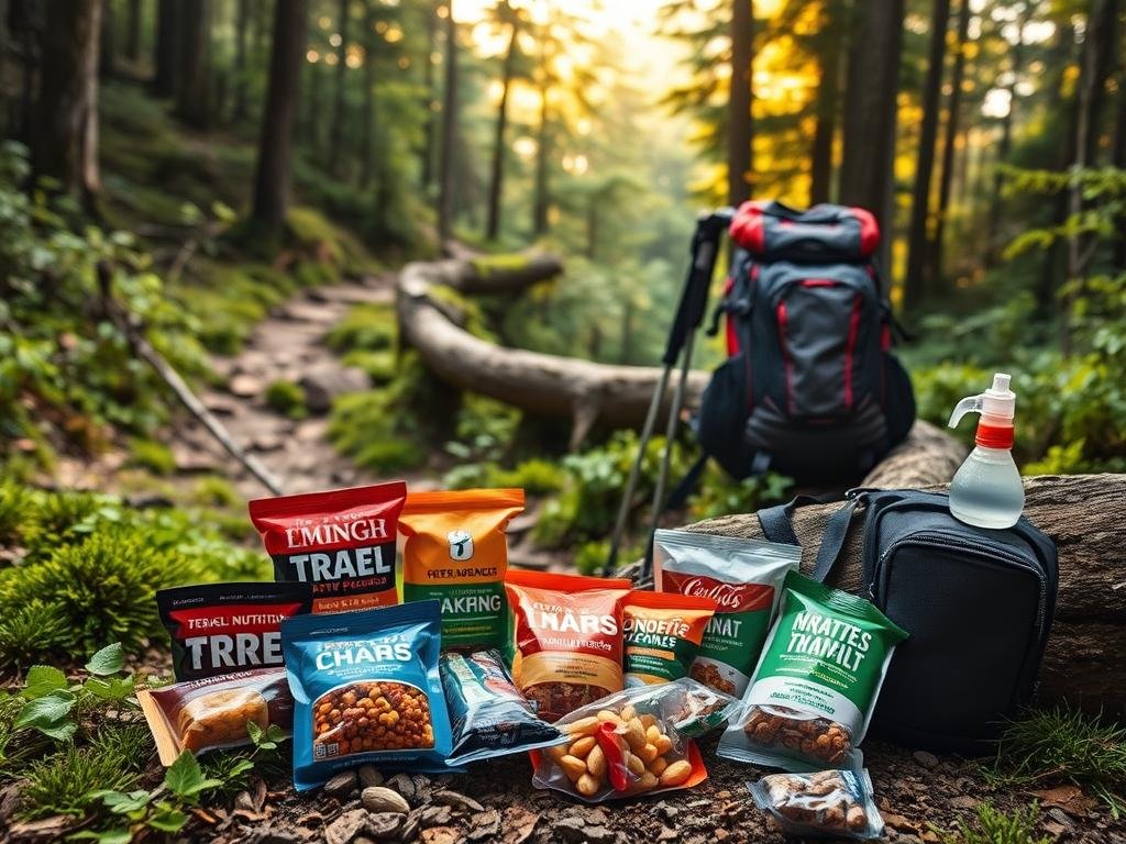 A rugged trail winding through a lush, verdant forest. In the foreground, an assortment of trail nutrition essentials - energy bars, dried fruit, nuts, and hydration packs - arranged in a natural, inviting composition. Mid-ground, a hiker's backpack and hiking poles rest against a fallen log, hinting at the journey. The background showcases a warm, golden-hour lighting filtering through the canopy, casting a tranquil, serene atmosphere. The overall scene conveys a sense of adventure, preparedness, and a healthy appreciation for the great outdoors. A rugged trail winding through a lush, verdant forest. In the foreground, an assortment of trail nutrition essentials - energy bars, dried fruit, nuts, and hydration packs - arranged in a natural, inviting composition. Mid-ground, a hiker's backpack and hiking poles rest against a fallen log, hinting at the journey. The background showcases a warm, golden-hour lighting filtering through the canopy, casting a tranquil, serene atmosphere. The overall scene conveys a sense of adventure, preparedness, and a healthy appreciation for the great outdoors.