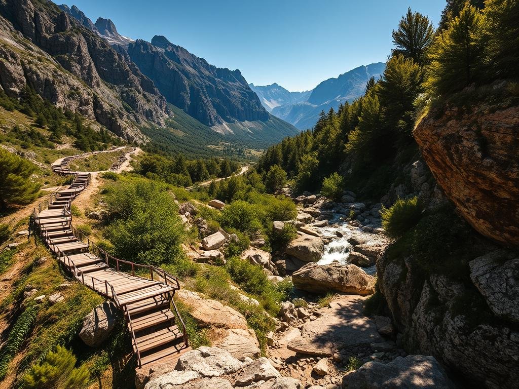 A rugged, winding mountain trail winds through a picturesque alpine landscape, surrounded by towering granite peaks and lush, verdant foliage. The path is dotted with wooden bridges and stone steps, leading hikers through a serene, sun-dappled forest. In the distance, a crystal-clear mountain stream cascades over moss-covered rocks, its gentle sounds adding to the tranquil ambiance. The scene is bathed in warm, golden light, casting long shadows and highlighting the textures of the rocky terrain. This is the GR20 trail, the challenging but breathtakingly beautiful hiking route that traverses the wild and untamed heart of Corsica. A rugged, winding mountain trail winds through a picturesque alpine landscape, surrounded by towering granite peaks and lush, verdant foliage. The path is dotted with wooden bridges and stone steps, leading hikers through a serene, sun-dappled forest. In the distance, a crystal-clear mountain stream cascades over moss-covered rocks, its gentle sounds adding to the tranquil ambiance. The scene is bathed in warm, golden light, casting long shadows and highlighting the textures of the rocky terrain. This is the GR20 trail, the challenging but breathtakingly beautiful hiking route that traverses the wild and untamed heart of Corsica.