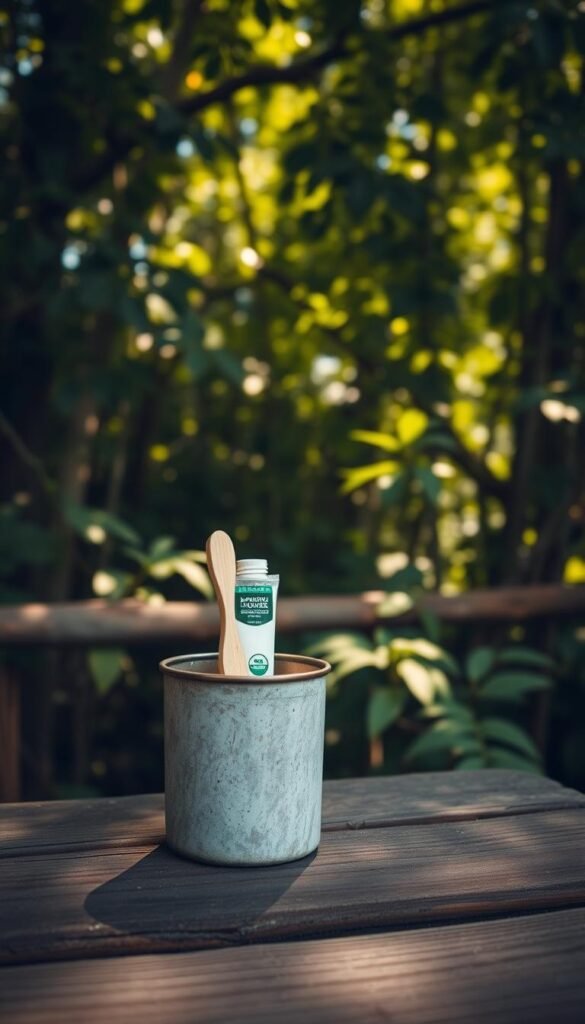 A rugged wooden table set against a backdrop of lush, verdant foliage. On the table, a weathered tin cup holds a toothbrush and a small tube of organic toothpaste, their natural hues complementing the earthy tones of the scene. Dappled sunlight filters through the canopy, casting a warm, golden glow over the simple, functional items, evoking a sense of rustic simplicity and connection to the wilderness. The overall mood is one of tranquility and mindfulness, showcasing the importance of maintaining oral hygiene even in the most remote outdoor settings. A rugged wooden table set against a backdrop of lush, verdant foliage. On the table, a weathered tin cup holds a toothbrush and a small tube of organic toothpaste, their natural hues complementing the earthy tones of the scene. Dappled sunlight filters through the canopy, casting a warm, golden glow over the simple, functional items, evoking a sense of rustic simplicity and connection to the wilderness. The overall mood is one of tranquility and mindfulness, showcasing the importance of maintaining oral hygiene even in the most remote outdoor settings.