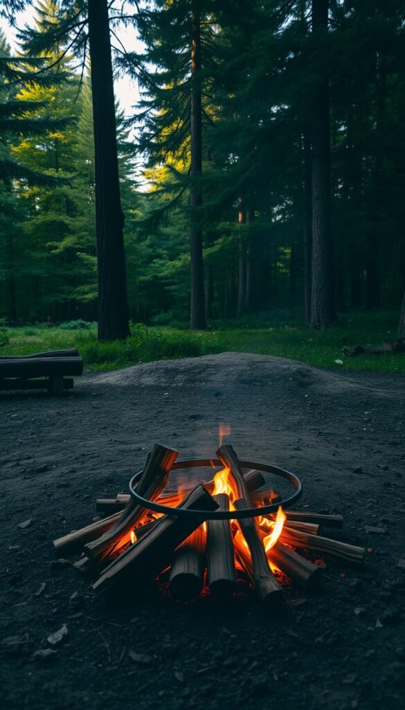 A rustic campfire scene illuminated by warm, flickering flames, surrounded by a well-defined safety zone. In the foreground, a cleared circular area with a pile of neatly stacked firewood and a metal fire ring or pit. In the middle ground, a perimeter of packed dirt or gravel, free of any flammable vegetation. The background features a lush, verdant forest with tall, shadowy trees, conveying a sense of tranquility and seclusion. Soft, golden lighting casts a cozy glow, creating an inviting and serene atmosphere for outdoor cooking. Captured with a wide-angle lens to emphasize the harmonious relationship between the fire, its containment, and the natural environment.