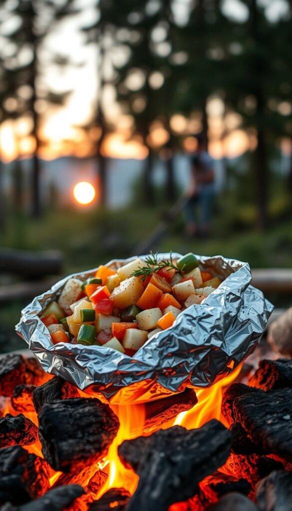 A rustic campfire setting with a close-up view of a foil packet filled with a variety of colorful chopped vegetables, seasoned proteins, and complementary herbs. The packet is positioned on a bed of glowing embers, casting a warm, flickering light over the scene. The background features a blurred forest landscape with tall pine trees and a gentle sunset glow on the horizon. The composition emphasizes the customizable nature of foil packet recipes, inviting the viewer to imagine the myriad possibilities for personalized flavor combinations and meal preparations.