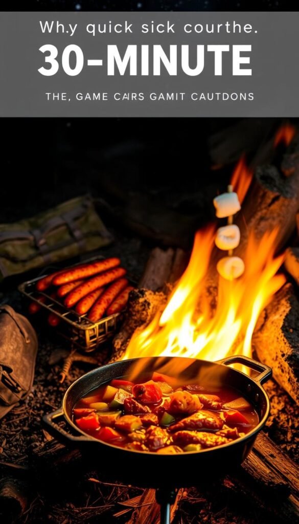 A rustic campfire with flickering flames set against a starry night sky, illuminating a collection of quick and easy-to-prepare meals - sizzling sausages, grilled vegetables, and marshmallows on sticks. In the foreground, a cast-iron pan simmers with a hearty stew, the aromas wafting through the crisp, cool air. Weathered camping gear and a well-used cooking tripod complete the scene, conveying the simplicity and convenience of these 30-minute campfire creations. The overall mood is cozy, inviting, and effortless, capturing the spirit of why these quick meals are a game-changer for outdoor enthusiasts.