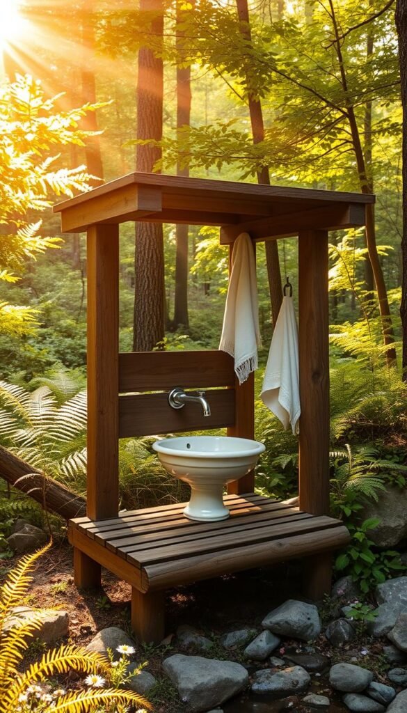 A rustic, wooden outdoor handwashing station nestled in a lush, verdant forest clearing. The sturdy structure features a slatted platform, a simple sink basin with a faucet, and a clean towel hanging from a hook. Warm, golden sunlight filters through the canopy, casting a soft, natural glow over the scene. The station is surrounded by ferns, wildflowers, and smooth river rocks, creating a serene, eco-friendly atmosphere. A sense of tranquility and cleanliness pervades the image, inviting hikers and campers to pause and refresh themselves before continuing their outdoor adventure. A rustic, wooden outdoor handwashing station nestled in a lush, verdant forest clearing. The sturdy structure features a slatted platform, a simple sink basin with a faucet, and a clean towel hanging from a hook. Warm, golden sunlight filters through the canopy, casting a soft, natural glow over the scene. The station is surrounded by ferns, wildflowers, and smooth river rocks, creating a serene, eco-friendly atmosphere. A sense of tranquility and cleanliness pervades the image, inviting hikers and campers to pause and refresh themselves before continuing their outdoor adventure.