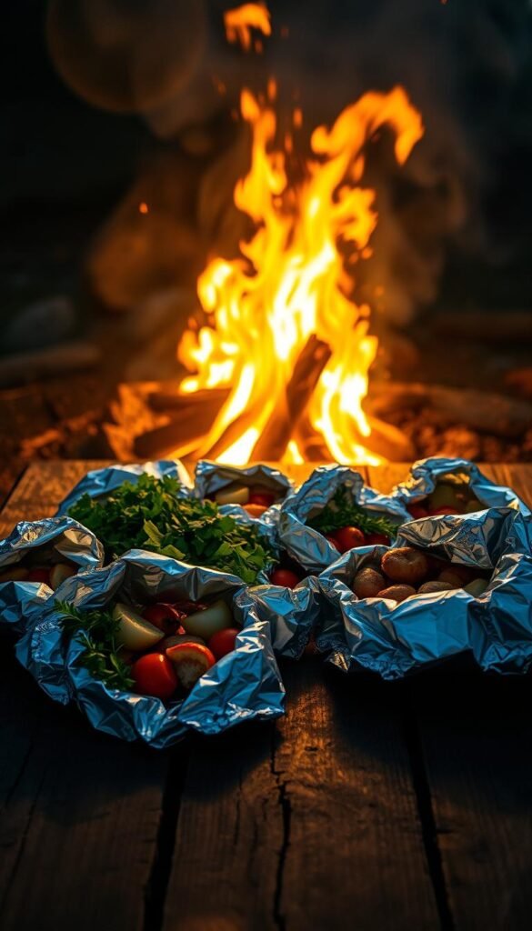 A rustic wooden table set against a backdrop of a blazing campfire, the warm glow illuminating an array of foil-wrapped packages. In the foreground, various vegetables, herbs, and proteins spill out from the opened packets, showcasing the delectable campfire-cooked contents. The scene evokes the cozy ambiance of outdoor cooking, with a slight hazy effect suggesting the smoky atmosphere. The composition is framed by a wide-angle lens, capturing the full depth of the scene and highlighting the juxtaposition of the natural elements and the prepared meals. The overall mood is one of adventure, simplicity, and the joy of al fresco dining.