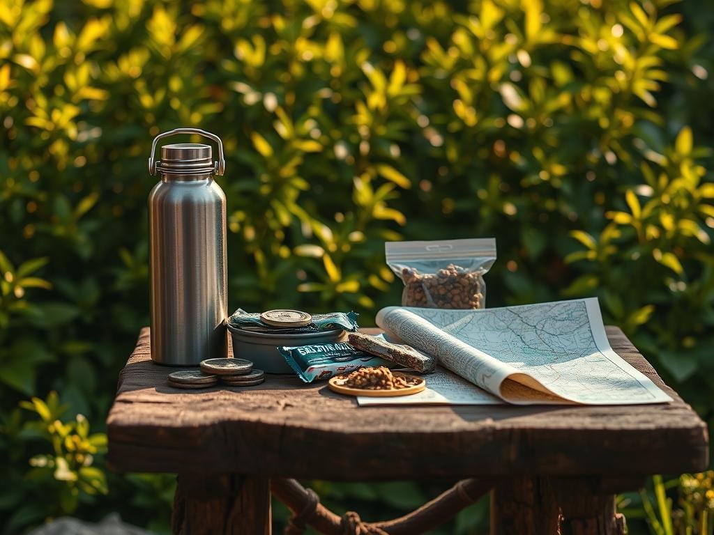 A rustic wooden table set against a backdrop of lush, verdant foliage. Atop the table, an assortment of hiking essentials are artfully arranged - a metal water bottle, a handful of energy bars, a small container of trail mix, and a well-worn map. The lighting is soft and natural, casting warm, golden hues across the scene. The composition is balanced, with the foreground items drawing the eye while the lush greenery in the background creates a sense of depth and tranquility. The overall mood is one of adventure, preparedness, and a deep connection to the natural world. A rustic wooden table set against a backdrop of lush, verdant foliage. Atop the table, an assortment of hiking essentials are artfully arranged - a metal water bottle, a handful of energy bars, a small container of trail mix, and a well-worn map. The lighting is soft and natural, casting warm, golden hues across the scene. The composition is balanced, with the foreground items drawing the eye while the lush greenery in the background creates a sense of depth and tranquility. The overall mood is one of adventure, preparedness, and a deep connection to the natural world.