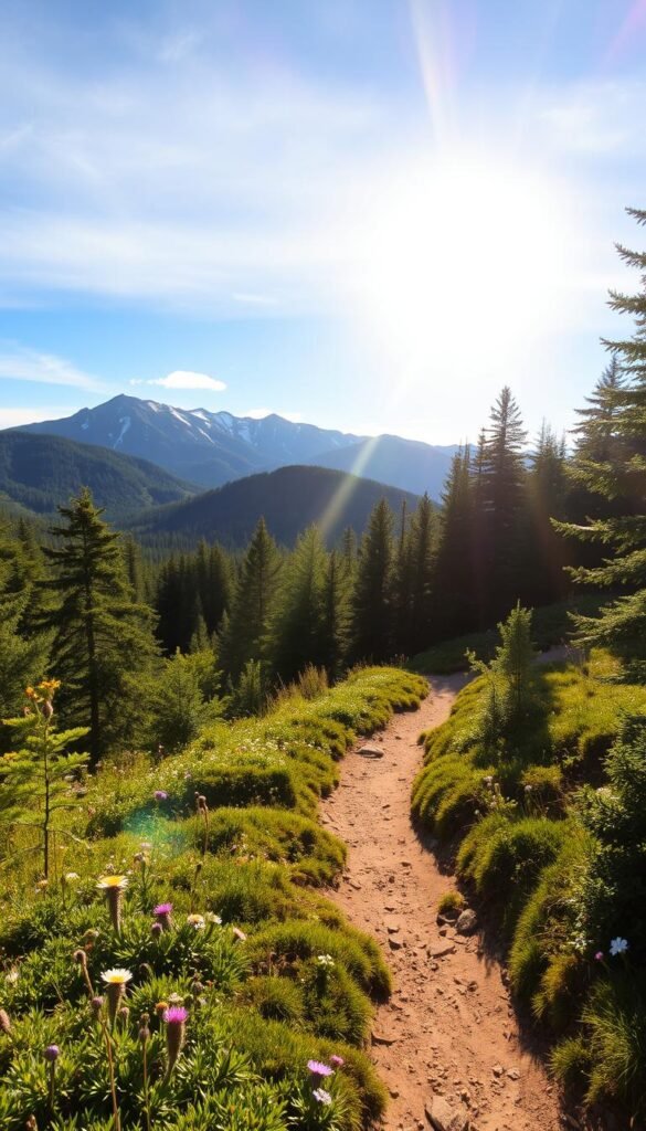A scenic hiking trail winds through the lush, verdant forests of Vermont, the sun's golden rays filtering through the canopy above. In the foreground, the well-marked Long Trail cuts a path through the undergrowth, inviting adventurous hikers to explore the rugged terrain. Towering mountains rise in the distance, their snow-capped peaks piercing the blue sky. Wildflowers dot the trail's edge, adding splashes of vibrant color to the natural landscape. The air is crisp and refreshing, carrying the earthy scent of damp moss and pine. This serene, picturesque scene epitomizes the beauty and tranquility that draw hikers to Vermont's wilderness. A scenic hiking trail winds through the lush, verdant forests of Vermont, the sun's golden rays filtering through the canopy above. In the foreground, the well-marked Long Trail cuts a path through the undergrowth, inviting adventurous hikers to explore the rugged terrain. Towering mountains rise in the distance, their snow-capped peaks piercing the blue sky. Wildflowers dot the trail's edge, adding splashes of vibrant color to the natural landscape. The air is crisp and refreshing, carrying the earthy scent of damp moss and pine. This serene, picturesque scene epitomizes the beauty and tranquility that draw hikers to Vermont's wilderness.