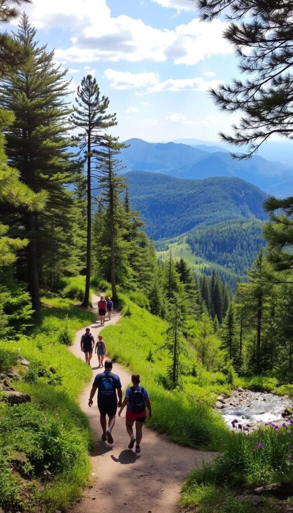 A scenic mountain trail winding through a lush, verdant forest in Vermont. In the foreground, a family of hikers strolling along the well-maintained path, taking in the fresh air and stunning vistas. Sunlight filters through the canopy of towering pines, casting a warm, inviting glow on the scene. In the middle ground, a babbling brook crosses the trail, its crystal-clear waters reflecting the surrounding foliage. In the distance, rolling hills and peaks rise up, their slopes dotted with vibrant wildflowers. The overall atmosphere is one of tranquility, adventure, and connection with nature - perfect for a family-friendly hiking excursion in the heart of Vermont. A scenic mountain trail winding through a lush, verdant forest in Vermont. In the foreground, a family of hikers strolling along the well-maintained path, taking in the fresh air and stunning vistas. Sunlight filters through the canopy of towering pines, casting a warm, inviting glow on the scene. In the middle ground, a babbling brook crosses the trail, its crystal-clear waters reflecting the surrounding foliage. In the distance, rolling hills and peaks rise up, their slopes dotted with vibrant wildflowers. The overall atmosphere is one of tranquility, adventure, and connection with nature - perfect for a family-friendly hiking excursion in the heart of Vermont.