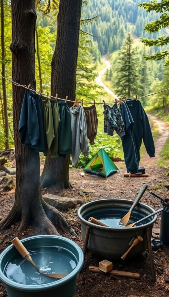 A scenic outdoor setting, a small camp nestled in a lush forest. In the foreground, a rustic clothesline suspended between two sturdy tree trunks, adorned with an array of freshly washed hiking garments and trail essentials drying in the warm, diffused sunlight. Nearby, a compact wash basin or portable tub, filled with crystal-clear water, surrounded by natural soaps and scrubbing tools. In the middle ground, a cozy camping setup with a simple tent and campfire, reflecting the self-reliant, eco-conscious spirit of the hikers. The background features verdant foliage, a winding path leading deeper into the serene wilderness, conveying a sense of tranquility and harmony with nature. A scenic outdoor setting, a small camp nestled in a lush forest. In the foreground, a rustic clothesline suspended between two sturdy tree trunks, adorned with an array of freshly washed hiking garments and trail essentials drying in the warm, diffused sunlight. Nearby, a compact wash basin or portable tub, filled with crystal-clear water, surrounded by natural soaps and scrubbing tools. In the middle ground, a cozy camping setup with a simple tent and campfire, reflecting the self-reliant, eco-conscious spirit of the hikers. The background features verdant foliage, a winding path leading deeper into the serene wilderness, conveying a sense of tranquility and harmony with nature.