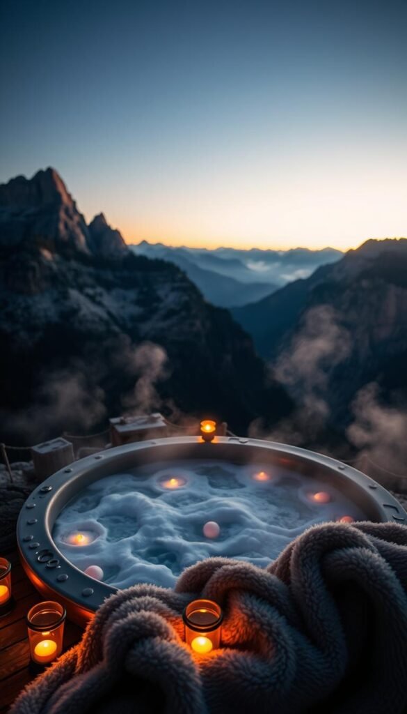 A secluded mountain vista, with a steaming hot tub nestled amidst the rugged peaks. Wisps of mist curl around the bubbling waters, illuminated by the soft glow of lanterns. The scene is bathed in warm, romantic lighting, with a golden sunset painting the distant cliffs in rich, vibrant hues. A cozy, plush blanket rests by the tub, inviting couples to snuggle and enjoy the breathtaking panorama. The overall atmosphere is one of tranquility, intimacy, and pure, unadulterated bliss. A secluded mountain vista, with a steaming hot tub nestled amidst the rugged peaks. Wisps of mist curl around the bubbling waters, illuminated by the soft glow of lanterns. The scene is bathed in warm, romantic lighting, with a golden sunset painting the distant cliffs in rich, vibrant hues. A cozy, plush blanket rests by the tub, inviting couples to snuggle and enjoy the breathtaking panorama. The overall atmosphere is one of tranquility, intimacy, and pure, unadulterated bliss.