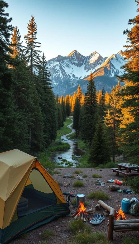 A serene Colorado campground nestled amidst towering pines, with a glimmering lake as the centerpiece. In the foreground, a cozy tent is pitched, surrounded by a well-equipped camping setup - a crackling fire, a picnic table, and hiking gear. The middle ground features a winding trail leading deeper into the lush, verdant forest, inviting exploration. The background showcases the majestic Rocky Mountains, their snow-capped peaks reflecting in the still waters. Warm, golden sunlight filters through the trees, casting a peaceful, inviting glow over the entire scene. The overall atmosphere conveys the tranquility and adventure of an ideal Colorado camping experience. A serene Colorado campground nestled amidst towering pines, with a glimmering lake as the centerpiece. In the foreground, a cozy tent is pitched, surrounded by a well-equipped camping setup - a crackling fire, a picnic table, and hiking gear. The middle ground features a winding trail leading deeper into the lush, verdant forest, inviting exploration. The background showcases the majestic Rocky Mountains, their snow-capped peaks reflecting in the still waters. Warm, golden sunlight filters through the trees, casting a peaceful, inviting glow over the entire scene. The overall atmosphere conveys the tranquility and adventure of an ideal Colorado camping experience.