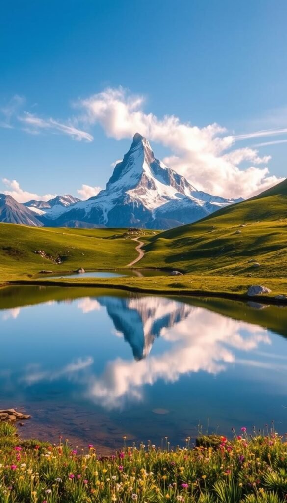 A serene alpine landscape, the Zermatt 5 Lakes hike unfolds before the majestic Matterhorn. In the foreground, a still glacial lake perfectly reflects the iconic peak, its jagged silhouette mirrored in the crystal-clear waters. Lush, verdant meadows dotted with wildflowers lead the eye towards the middle ground, where trails wind between shimmering tarns and boulder-strewn slopes. In the distance, the Pennine Alps rise triumphantly, their snow-capped summits bathed in warm, golden light filtered through wispy cirrus clouds. A sense of tranquility and awe pervades the scene, capturing the essence of this breathtaking Swiss hiking destination. A serene alpine landscape, the Zermatt 5 Lakes hike unfolds before the majestic Matterhorn. In the foreground, a still glacial lake perfectly reflects the iconic peak, its jagged silhouette mirrored in the crystal-clear waters. Lush, verdant meadows dotted with wildflowers lead the eye towards the middle ground, where trails wind between shimmering tarns and boulder-strewn slopes. In the distance, the Pennine Alps rise triumphantly, their snow-capped summits bathed in warm, golden light filtered through wispy cirrus clouds. A sense of tranquility and awe pervades the scene, capturing the essence of this breathtaking Swiss hiking destination.