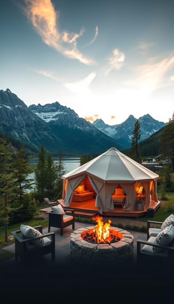 A serene alpine landscape, with towering Rocky Mountains as the breathtaking backdrop. In the foreground, a luxurious glamping tent nestled amidst lush greenery, its warm light spilling out onto the surrounding terrace. A cozy fire pit crackles nearby, surrounded by plush outdoor furniture inviting guests to relax and soak in the tranquil atmosphere. Soft, diffused natural lighting filters through wispy clouds, casting a golden glow over the scene. A crystal-clear mountain lake reflects the majesty of the peaks, completing the picture of a truly extraordinary and immersive luxury camping experience. A serene alpine landscape, with towering Rocky Mountains as the breathtaking backdrop. In the foreground, a luxurious glamping tent nestled amidst lush greenery, its warm light spilling out onto the surrounding terrace. A cozy fire pit crackles nearby, surrounded by plush outdoor furniture inviting guests to relax and soak in the tranquil atmosphere. Soft, diffused natural lighting filters through wispy clouds, casting a golden glow over the scene. A crystal-clear mountain lake reflects the majesty of the peaks, completing the picture of a truly extraordinary and immersive luxury camping experience.
