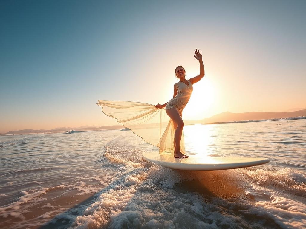 A serene beach scene where a yogi in a flowing white outfit effortlessly balances on a surfboard, merging the fluidity of the ocean waves with the graceful movements of a yoga pose. The sun casts a warm, golden glow, illuminating the surfer's peaceful expression as they achieve a perfect state of mind-body-ocean synergy. In the background, distant mountains rise against a vibrant sky, creating a tranquil and meditative atmosphere. The camera angle captures the surfer from a low perspective, emphasizing the harmonious fusion of yoga and surfing. A serene beach scene where a yogi in a flowing white outfit effortlessly balances on a surfboard, merging the fluidity of the ocean waves with the graceful movements of a yoga pose. The sun casts a warm, golden glow, illuminating the surfer's peaceful expression as they achieve a perfect state of mind-body-ocean synergy. In the background, distant mountains rise against a vibrant sky, creating a tranquil and meditative atmosphere. The camera angle captures the surfer from a low perspective, emphasizing the harmonious fusion of yoga and surfing.