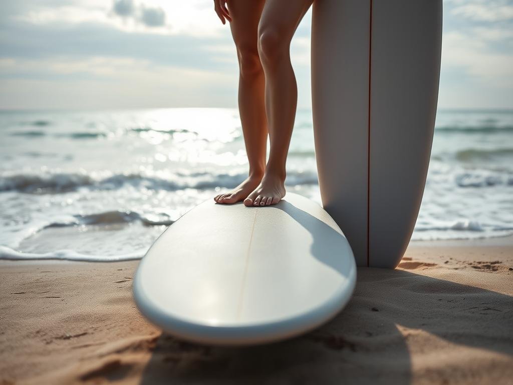 A serene beachside setting, the waves gently lapping against the shore. In the foreground, the smooth, rounded edges of a compact shortboard stand in contrast to the elongated lines of a larger longboard beside it. The shortboard's sleek, minimalist design is illuminated by soft, diffused natural light, casting subtle shadows across its surface. In the middle ground, a pair of bare feet stand atop the shortboard, highlighting the transition from the larger, stable longboard to the more agile and responsive shortboard. The background features a calm, azure ocean and a lightly clouded sky, creating a tranquil, contemplative atmosphere befitting the step-by-step journey of transitioning from longboarding to shortboarding. A serene beachside setting, the waves gently lapping against the shore. In the foreground, the smooth, rounded edges of a compact shortboard stand in contrast to the elongated lines of a larger longboard beside it. The shortboard's sleek, minimalist design is illuminated by soft, diffused natural light, casting subtle shadows across its surface. In the middle ground, a pair of bare feet stand atop the shortboard, highlighting the transition from the larger, stable longboard to the more agile and responsive shortboard. The background features a calm, azure ocean and a lightly clouded sky, creating a tranquil, contemplative atmosphere befitting the step-by-step journey of transitioning from longboarding to shortboarding.
