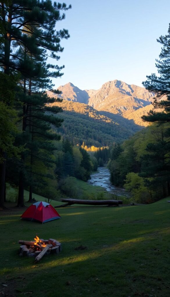 A serene campground nestled amidst the lush, verdant slopes of Gulpha Gorge. In the foreground, a cozy campsite with a crackling fire pit and tents dotting the grassy terrain. Towering pines and deciduous trees line the middle ground, casting dappled shadows across the scene. In the background, the majestic Ouachita Mountains rise up, their rugged peaks bathed in warm, golden light from the setting sun. A tranquil stream meanders through the valley, its gentle murmur adding to the peaceful ambiance. The air is crisp and clean, inviting hikers to extend their adventure and immerse themselves in the natural wonder of this picturesque camping destination.