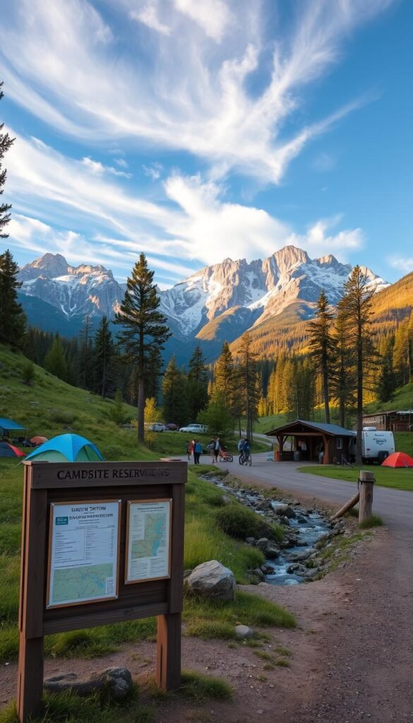 A serene campground nestled in the majestic Colorado Rockies, with tents and RVs dotting the lush, verdant landscape. In the foreground, a wooden sign displaying information about campsite reservations, with a bulletin board showcasing a map and permit details. The middle ground features campers checking in at a rustic ranger station, surrounded by towering pines and a babbling brook. The background showcases the picturesque mountains, their peaks capped with snow and bathed in warm, golden sunlight filtering through wispy clouds. The scene exudes a sense of tranquility and adventure, inviting visitors to explore the wonders of the great outdoors. A serene campground nestled in the majestic Colorado Rockies, with tents and RVs dotting the lush, verdant landscape. In the foreground, a wooden sign displaying information about campsite reservations, with a bulletin board showcasing a map and permit details. The middle ground features campers checking in at a rustic ranger station, surrounded by towering pines and a babbling brook. The background showcases the picturesque mountains, their peaks capped with snow and bathed in warm, golden sunlight filtering through wispy clouds. The scene exudes a sense of tranquility and adventure, inviting visitors to explore the wonders of the great outdoors.