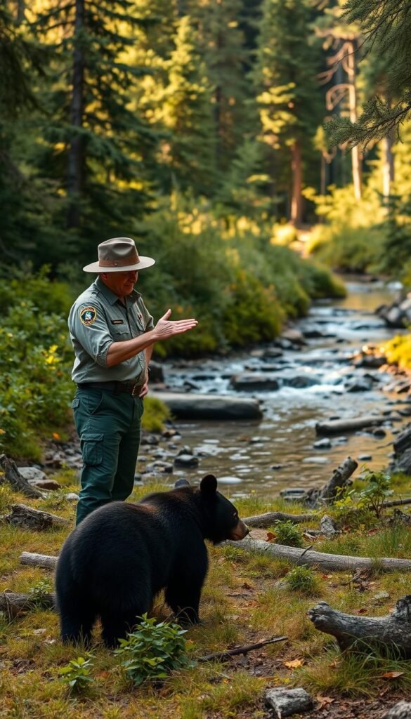 A serene forest clearing with lush vegetation and a clear stream in the background. In the foreground, a ranger stands poised, gesturing calmly to a curious black bear foraging nearby. Warm, natural lighting casts a soft glow, conveying a sense of tranquility and respect for the wildlife. The ranger's attentive pose and the bear's relaxed demeanor suggest a peaceful encounter, illustrating best practices for safely interacting with mountain wildlife. The scene emphasizes the importance of maintaining distance, avoiding sudden movements, and appreciating the natural balance of the environment. A serene forest clearing with lush vegetation and a clear stream in the background. In the foreground, a ranger stands poised, gesturing calmly to a curious black bear foraging nearby. Warm, natural lighting casts a soft glow, conveying a sense of tranquility and respect for the wildlife. The ranger's attentive pose and the bear's relaxed demeanor suggest a peaceful encounter, illustrating best practices for safely interacting with mountain wildlife. The scene emphasizes the importance of maintaining distance, avoiding sudden movements, and appreciating the natural balance of the environment.
