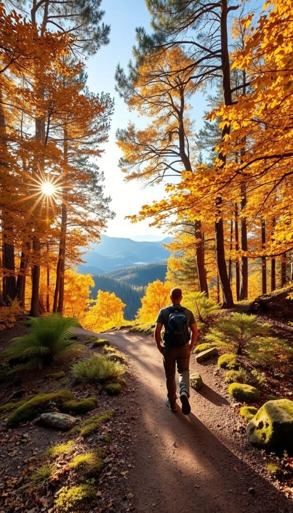 A serene forest trail winding through vibrant autumn foliage, the sunlight filtering through the golden canopy casting a warm glow. In the foreground, a hiker traverses the well-maintained path, their backpack and hiking gear visible. In the middle ground, lush ferns and mossy rocks line the trail, hinting at the temperate climate. The background features rolling hills and distant peaks, hinting at the mountainous terrain of California. The overall atmosphere is one of tranquility and adventure, capturing the essence of the best hiking conditions in the Golden State. A serene forest trail winding through vibrant autumn foliage, the sunlight filtering through the golden canopy casting a warm glow. In the foreground, a hiker traverses the well-maintained path, their backpack and hiking gear visible. In the middle ground, lush ferns and mossy rocks line the trail, hinting at the temperate climate. The background features rolling hills and distant peaks, hinting at the mountainous terrain of California. The overall atmosphere is one of tranquility and adventure, capturing the essence of the best hiking conditions in the Golden State.