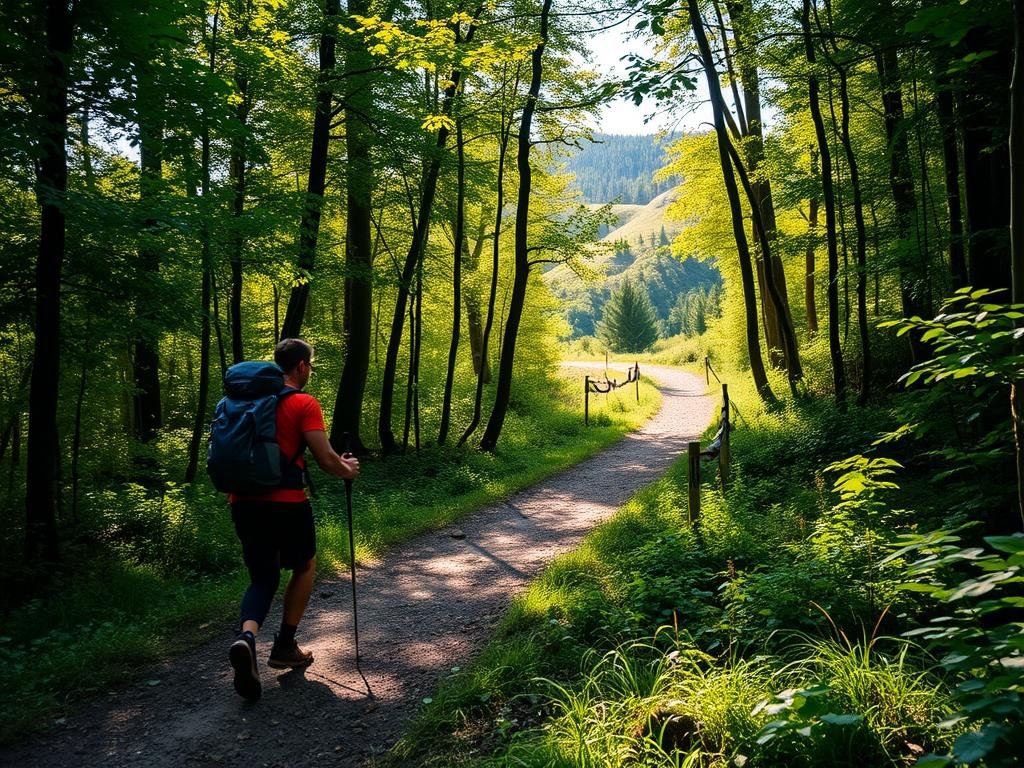 A serene forest trail winds through lush greenery, sunlight filtering through the canopy and casting a warm, natural glow. In the foreground, a hiker strides purposefully, backpack loaded and hiking poles in hand, embodying the endurance and determination central to a rigorous training plan. The middle ground showcases a series of signposts and trail markers, guiding the way and suggesting the challenges that lie ahead. In the distance, the path ascends into rolling hills, hinting at the stamina-building climbs to come. The overall scene evokes the sense of a well-planned, multi-faceted approach to building hiking endurance, capturing the essence of the "Key Components of a Hiking Endurance Training Plan." A serene forest trail winds through lush greenery, sunlight filtering through the canopy and casting a warm, natural glow. In the foreground, a hiker strides purposefully, backpack loaded and hiking poles in hand, embodying the endurance and determination central to a rigorous training plan. The middle ground showcases a series of signposts and trail markers, guiding the way and suggesting the challenges that lie ahead. In the distance, the path ascends into rolling hills, hinting at the stamina-building climbs to come. The overall scene evokes the sense of a well-planned, multi-faceted approach to building hiking endurance, capturing the essence of the "Key Components of a Hiking Endurance Training Plan."
