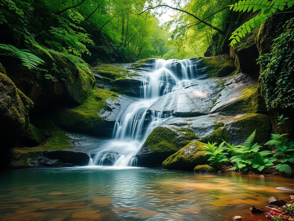 A serene, hidden oasis nestled deep within the lush, rolling hills of Tennessee's picturesque countryside. A pristine, cascading waterfall tumbles gracefully over mossy boulders, its crystalline waters shimmering in the soft, diffused sunlight that filters through the dense, verdant canopy above. Ferns and wildflowers line the shores of the tranquil pool at the waterfall's base, creating a tranquil, almost otherworldly atmosphere. The scene is captured from a low angle, emphasizing the scale and grandeur of this hidden natural wonder, inviting the viewer to step into this serene, secluded sanctuary and discover the beauty of Tennessee's untamed landscapes. A serene, hidden oasis nestled deep within the lush, rolling hills of Tennessee's picturesque countryside. A pristine, cascading waterfall tumbles gracefully over mossy boulders, its crystalline waters shimmering in the soft, diffused sunlight that filters through the dense, verdant canopy above. Ferns and wildflowers line the shores of the tranquil pool at the waterfall's base, creating a tranquil, almost otherworldly atmosphere. The scene is captured from a low angle, emphasizing the scale and grandeur of this hidden natural wonder, inviting the viewer to step into this serene, secluded sanctuary and discover the beauty of Tennessee's untamed landscapes.