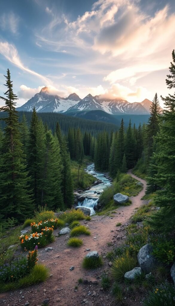 A serene hiking trail winds through the lush, evergreen forests of Rocky Mountain National Park, with majestic peaks of the Rocky Mountains rising in the distance. The foreground features a well-marked trail, dotted with colorful wildflowers and scattered boulders. The middle ground showcases a cascading stream, its crystal-clear waters reflecting the surrounding foliage. In the background, towering snow-capped mountains dominate the horizon, bathed in warm, golden light that filters through wispy clouds. The scene conveys a sense of tranquility and adventure, inviting the viewer to explore the natural wonders of this outdoor paradise. A serene hiking trail winds through the lush, evergreen forests of Rocky Mountain National Park, with majestic peaks of the Rocky Mountains rising in the distance. The foreground features a well-marked trail, dotted with colorful wildflowers and scattered boulders. The middle ground showcases a cascading stream, its crystal-clear waters reflecting the surrounding foliage. In the background, towering snow-capped mountains dominate the horizon, bathed in warm, golden light that filters through wispy clouds. The scene conveys a sense of tranquility and adventure, inviting the viewer to explore the natural wonders of this outdoor paradise.