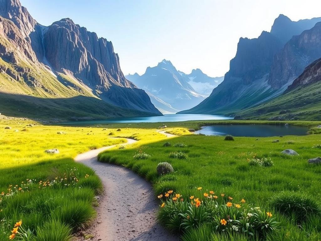 A serene landscape of Torres del Paine's easy walking trails, bathed in soft natural light. A winding path meanders through a lush, verdant meadow, flanked by towering granite peaks that cast gentle shadows. Vibrant wildflowers dot the foreground, inviting leisurely exploration. In the distance, a tranquil lake reflects the rugged mountains, creating a sense of calm and wonder. The scene is captured with a wide-angle lens, emphasizing the grandeur of the surroundings and the inviting nature of these accessible trails, perfect for those seeking a leisurely outdoor adventure in Chile's stunning Patagonia region. A serene landscape of Torres del Paine's easy walking trails, bathed in soft natural light. A winding path meanders through a lush, verdant meadow, flanked by towering granite peaks that cast gentle shadows. Vibrant wildflowers dot the foreground, inviting leisurely exploration. In the distance, a tranquil lake reflects the rugged mountains, creating a sense of calm and wonder. The scene is captured with a wide-angle lens, emphasizing the grandeur of the surroundings and the inviting nature of these accessible trails, perfect for those seeking a leisurely outdoor adventure in Chile's stunning Patagonia region.