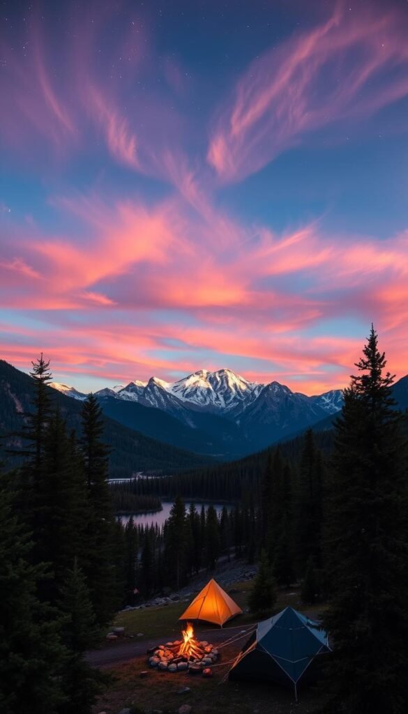 A serene landscape of towering peaks, evergreen forests, and sparkling alpine lakes in Rocky Mountain National Park. In the foreground, a cozy campsite nestled among the pines, with a crackling fire and tents pitched beneath a starry night sky. The middle ground features a majestic mountain range, their snow-capped summits glowing in the soft, warm light of the setting sun. In the background, a dramatic sky filled with wispy clouds and vibrant hues of orange, pink, and purple. The scene conveys a sense of tranquility, adventure, and the awe-inspiring beauty of the great outdoors. A serene landscape of towering peaks, evergreen forests, and sparkling alpine lakes in Rocky Mountain National Park. In the foreground, a cozy campsite nestled among the pines, with a crackling fire and tents pitched beneath a starry night sky. The middle ground features a majestic mountain range, their snow-capped summits glowing in the soft, warm light of the setting sun. In the background, a dramatic sky filled with wispy clouds and vibrant hues of orange, pink, and purple. The scene conveys a sense of tranquility, adventure, and the awe-inspiring beauty of the great outdoors.