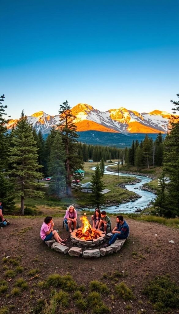 A serene mountain landscape in Colorado, with a family-friendly campground nestled among towering pines. In the foreground, a cozy campsite with a roaring fire pit and a group of happy campers gathered around, marshmallows in hand. In the middle ground, a clear, babbling stream winding through the campground, its gentle sounds adding to the peaceful ambiance. The background features majestic, snow-capped peaks, bathed in warm, golden sunset light, creating a breathtaking vista. The overall scene exudes a sense of adventure, relaxation, and connection with nature, perfectly encapsulating the essence of family-friendly camping in Colorado. A serene mountain landscape in Colorado, with a family-friendly campground nestled among towering pines. In the foreground, a cozy campsite with a roaring fire pit and a group of happy campers gathered around, marshmallows in hand. In the middle ground, a clear, babbling stream winding through the campground, its gentle sounds adding to the peaceful ambiance. The background features majestic, snow-capped peaks, bathed in warm, golden sunset light, creating a breathtaking vista. The overall scene exudes a sense of adventure, relaxation, and connection with nature, perfectly encapsulating the essence of family-friendly camping in Colorado.