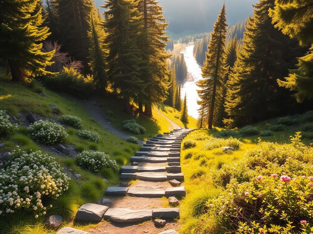 A serene mountain trail winds through a lush, verdant forest, flanked by towering evergreens and flowering undergrowth. The path is dotted with smooth, well-maintained steps leading up a gentle incline, inviting families to explore the great outdoors. Warm, golden sunlight filters through the canopy, casting a gentle glow and creating long, soft shadows. In the distance, a crystal-clear stream gurgles, its soothing sounds echoing through the tranquil landscape. The scene exudes a sense of tranquility and adventure, perfectly capturing the essence of a family-friendly hiking experience.